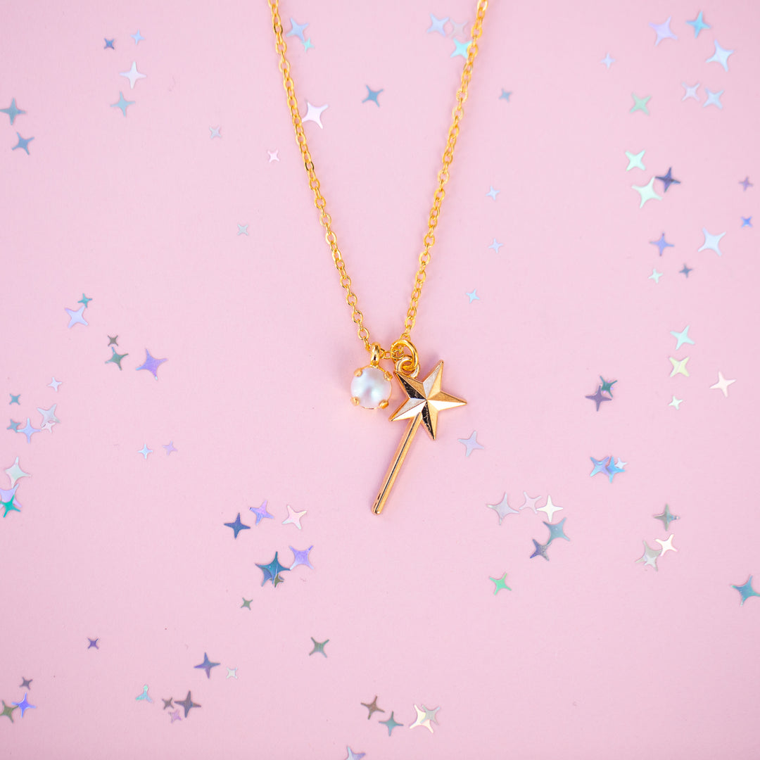 Wand Charm Necklace with 6mm Dreamy Pink Pearl -select color setting