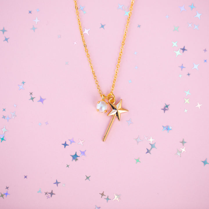 Wand Charm Necklace with 6mm Dreamy Pink Pearl -select color setting