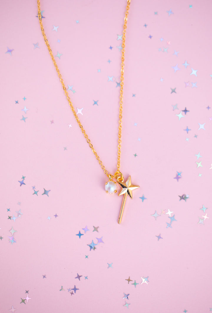 Wand Charm Necklace with 6mm Dreamy Pink Pearl -select color setting