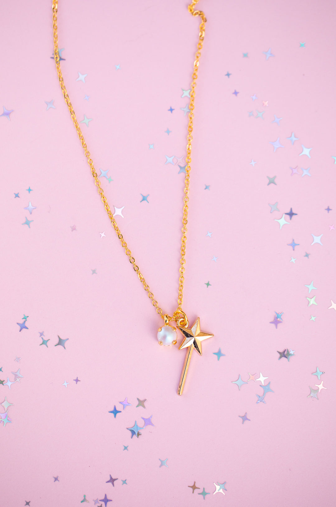 Wand Charm Necklace with 6mm Dreamy Pink Pearl -select color setting