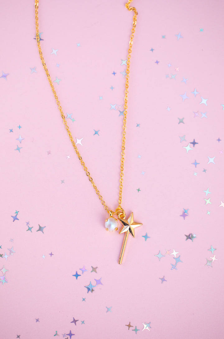 Wand Charm Necklace with 6mm Dreamy Pink Pearl -select color setting