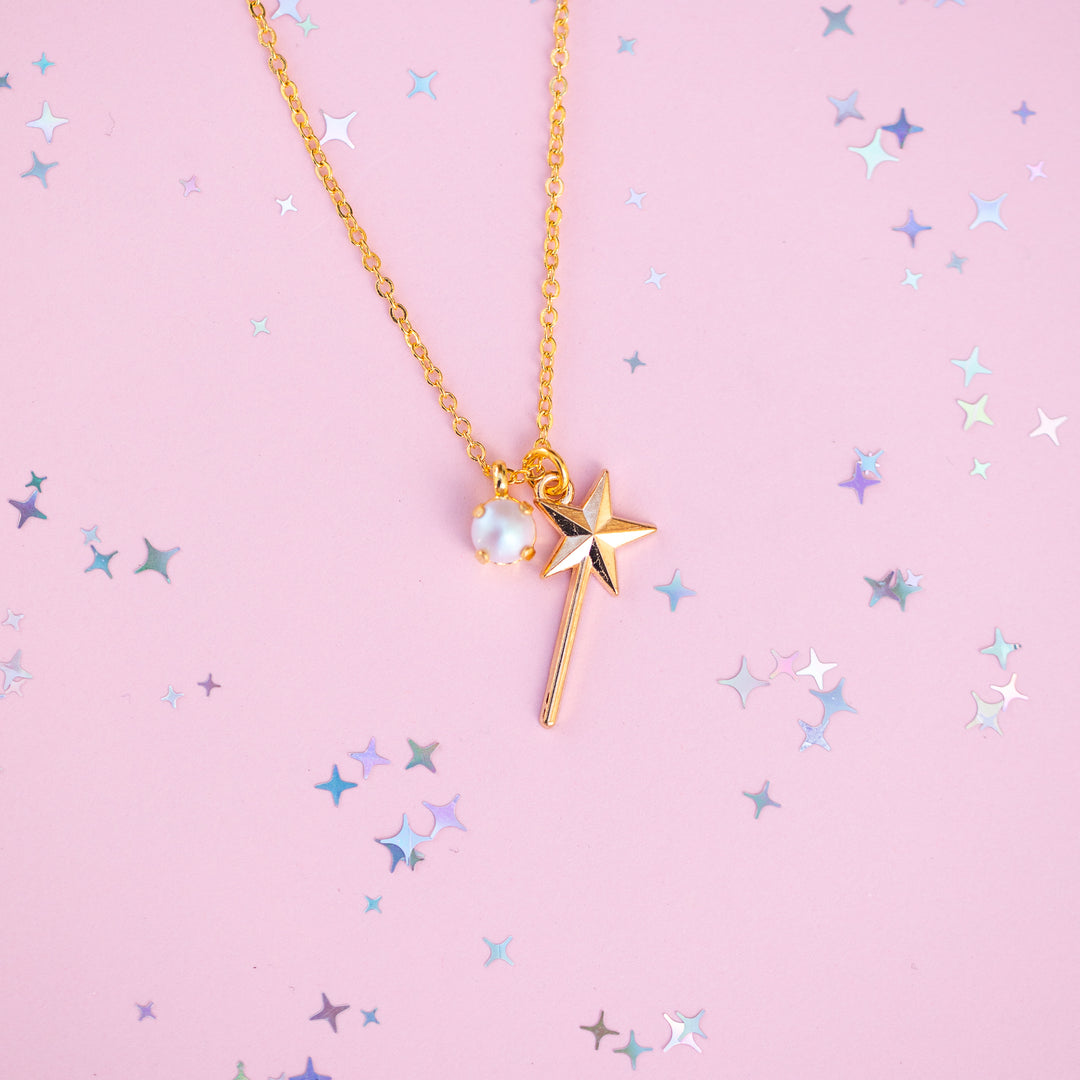 Wand Charm Necklace with 6mm Dreamy Pink Pearl -select color setting