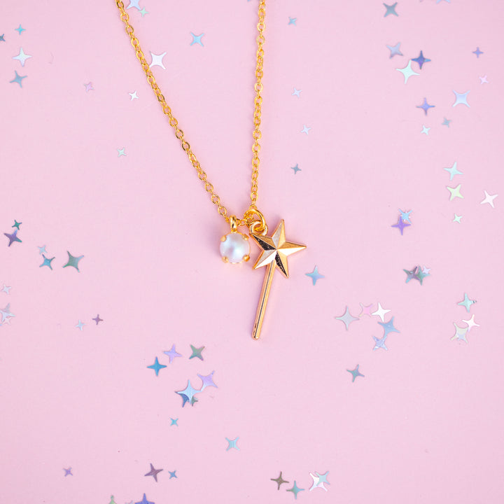 Wand Charm Necklace with 6mm Dreamy Pink Pearl -select color setting