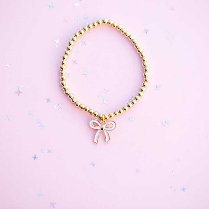 White Bow Charm Stretch Beaded Bracelet - GOLD Setting color